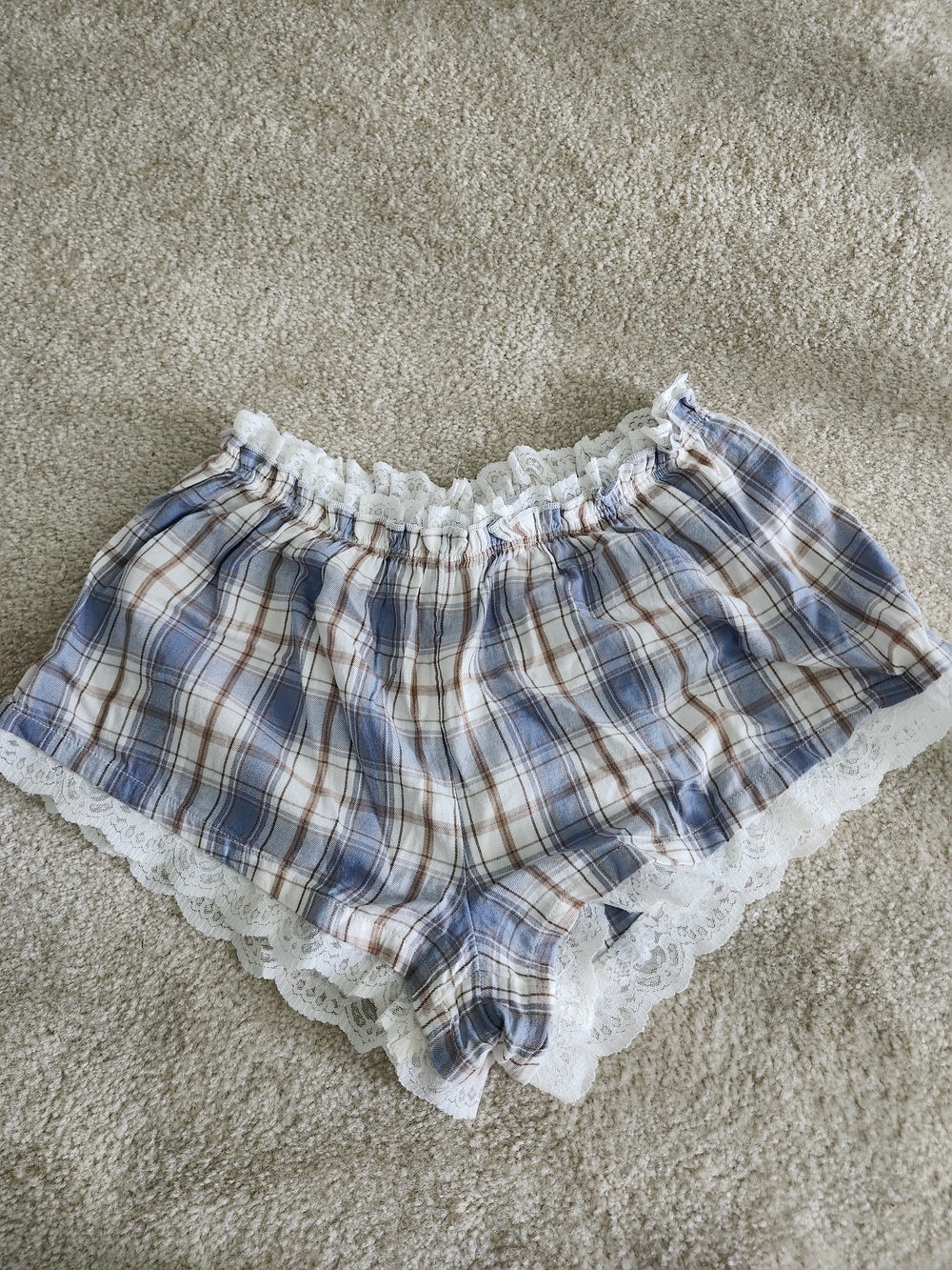 Urban Outfitters Blue and White Plaid Lace-Trim Sleep Shorts